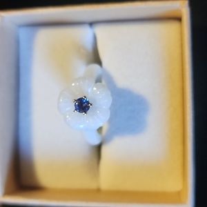 White Jade Carved Flower and 10K Yellow Gold Tanzanite Ring